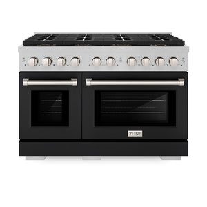 ZLINE 48" 6.7 cu. ft. Paramount Gas Range with 8 Burner DuoPro™ Cooktop and Dual Ovens in Satin Stainless Steel with Black Matte Doors, PSGRS-BLM-48