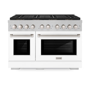ZLINE 48" 6.7 cu. ft. Paramount Gas Range with 8 Burner DuoPro™ Cooktop and Dual Ovens in Satin Stainless Steel with White Matte Doors, PSGRS-WM-48