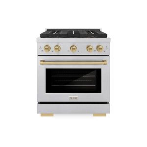 ZLINE Autograph Edition 30" 4.2 cu. ft. Paramount Gas Range with 4 Burner DuoPro™ Cooktop and Convection Gas Oven in Satin Stainless Steel and Champagne Bronze Accents, PSGRSZ-30-CB
