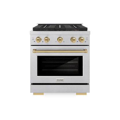 ZLINE Autograph Edition 30" 4.2 cu. ft. Paramount Gas Range with 4 Burner DuoPro™ Cooktop and Convection Gas Oven in Satin Stainless Steel and Champagne Bronze Accents, PSGRSZ-30-CB