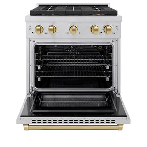ZLINE Autograph Edition 30" 4.2 cu. ft. Paramount Gas Range with 4 Burner DuoPro™ Cooktop and Convection Gas Oven in Satin Stainless Steel and Champagne Bronze Accents, PSGRSZ-30-CB