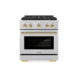 ZLINE Autograph Edition 30" 4.2 cu. ft. Paramount Gas Range with 4 Burner DuoPro™ Cooktop and Convection Gas Oven in Satin Stainless Steel and Polished Gold Accents, PSGRSZ-30-G