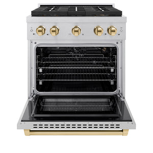 ZLINE Autograph Edition 30" 4.2 cu. ft. Paramount Gas Range with 4 Burner DuoPro™ Cooktop and Convection Gas Oven in Satin Stainless Steel and Polished Gold Accents, PSGRSZ-30-G