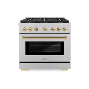 ZLINE Autograph Edition 36" 5.2 cu. ft. Paramount Gas Range with 6 Burner DuoPro™ Cooktop and Convection Gas Oven in Satin Stainless Steel and Champagne Bronze Accents, PSGRSZ-36-CB