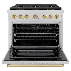 ZLINE Autograph Edition 36" 5.2 cu. ft. Paramount Gas Range with 6 Burner DuoPro™ Cooktop and Convection Gas Oven in Satin Stainless Steel and Champagne Bronze Accents, PSGRSZ-36-CB