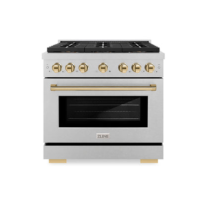ZLINE Autograph Edition 36" 5.2 cu. ft. Paramount Gas Range with 6 Burner DuoPro™ Cooktop and Convection Gas Oven in Satin Stainless Steel and Polished Gold Accents, PSGRSZ-36-G