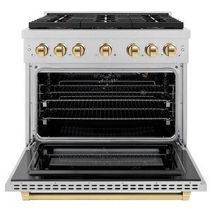 ZLINE Autograph Edition 36" 5.2 cu. ft. Paramount Gas Range with 6 Burner DuoPro™ Cooktop and Convection Gas Oven in Satin Stainless Steel and Polished Gold Accents, PSGRSZ-36-G