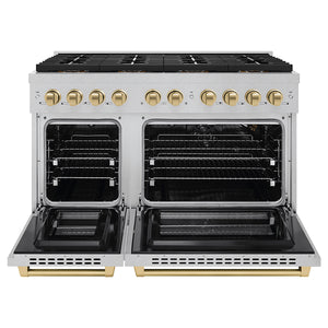 ZLINE Autograph Edition 48" 6.7 cu. ft. Paramount Gas Range with 8 Burner DuoPro™ Cooktop and Dual Ovens in Satin Stainless Steel and Champagne Bronze Accents, PSGRSZ-48-CB