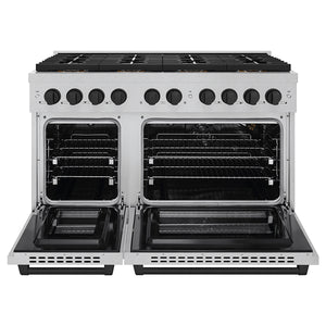 ZLINE Autograph Edition 48" 6.7 cu. ft. Paramount Gas Range with 8 Burner DuoPro™ Cooktop and Dual Ovens in Satin Stainless Steel and Matte Black Accents, PSGRSZ-48-MB