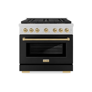 ZLINE Autograph Edition 36" 5.2 cu. ft. Paramount Dual Fuel Range with 6 Burner DuoPro™ Cooktop and Electric Convection Oven in Satin Stainless Steel with Black Matte Door and Champagne Bronze Accents, PSDRSZ-BLM36-CB