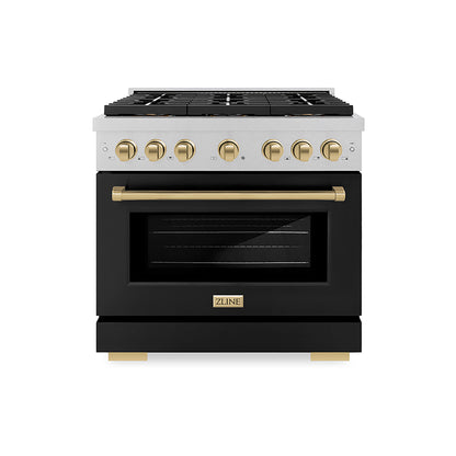 ZLINE Autograph Edition 36" 5.2 cu. ft. Paramount Gas Range with 6 Burner DuoPro™ Cooktop and Convection Gas Oven in Satin Stainless Steel with Black Matte Door and Champagne Bronze Accents, PSGRSZ-BLM36-CB