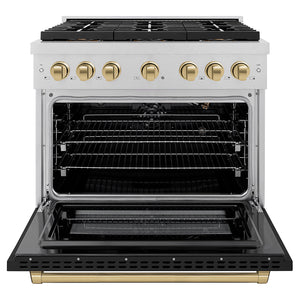 ZLINE Autograph Edition 36" 5.2 cu. ft. Paramount Gas Range with 6 Burner DuoPro™ Cooktop and Convection Gas Oven in Satin Stainless Steel with Black Matte Door and Champagne Bronze Accents, PSGRSZ-BLM36-CB