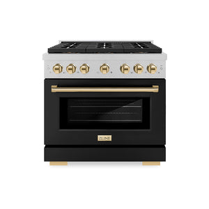 ZLINE Autograph Edition 36" 5.2 cu. ft. Paramount Gas Range with 6 Burner DuoPro™ Cooktop and Convection Gas Oven in Satin Stainless Steel with Black Matte Door and Polished Gold Accents, PSGRSZ-BLM36-G