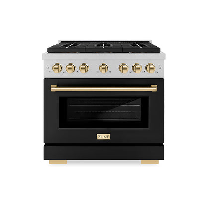 ZLINE Autograph Edition 36" 5.2 cu. ft. Paramount Gas Range with 6 Burner DuoPro™ Cooktop and Convection Gas Oven in Satin Stainless Steel with Black Matte Door and Polished Gold Accents, PSGRSZ-BLM36-G