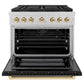 ZLINE Autograph Edition 36" 5.2 cu. ft. Paramount Gas Range with 6 Burner DuoPro™ Cooktop and Convection Gas Oven in Satin Stainless Steel with Black Matte Door and Polished Gold Accents, PSGRSZ-BLM36-G