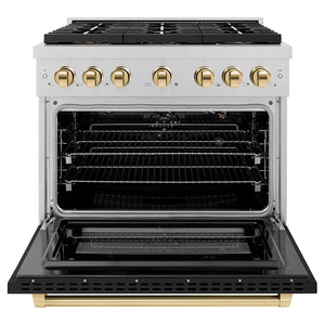 ZLINE Autograph Edition 36" 5.2 cu. ft. Paramount Gas Range with 6 Burner DuoPro™ Cooktop and Convection Gas Oven in Satin Stainless Steel with Black Matte Door and Polished Gold Accents, PSGRSZ-BLM36-G