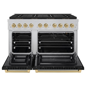 ZLINE Autograph Edition 48" 6.7 cu. ft. Paramount Dual Fuel Range with 8 Burner DuoPro™ Cooktop and Dual Ovens in Satin Stainless Steel with Black Matte Doors and Champagne Bronze Accents, PSDRSZ-BLM48-CB