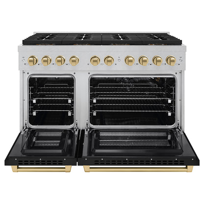 ZLINE Autograph Edition 48" 6.7 cu. ft. Paramount Dual Fuel Range with 8 Burner DuoPro™ Cooktop and Dual Ovens in Satin Stainless Steel with Black Matte Doors and Champagne Bronze Accents, PSDRSZ-BLM48-CB