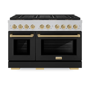 ZLINE Autograph Edition 48" 6.7 cu. ft. Paramount Dual Fuel Range with 8 Burner DuoPro™ Cooktop and Dual Ovens in Satin Stainless Steel with Black Matte Doors and Champagne Bronze Accents, PSDRSZ-BLM48-CB