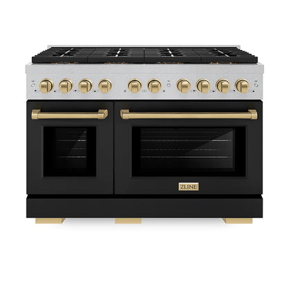 ZLINE Autograph Edition 48" 6.7 cu. ft. Paramount Gas Range with 8 Burner DuoPro™ Cooktop and Dual Ovens in Satin Stainless Steel with Black Matte Doors and Champagne Bronze Accents, PSGRSZ-BLM48-CB