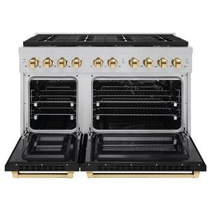 ZLINE Autograph Edition 48" 6.7 cu. ft. Paramount Gas Range with 8 Burner DuoPro™ Cooktop and Dual Ovens in Satin Stainless Steel with Black Matte Doors and Polished Gold Accents, PSGRSZ-BLM48-G