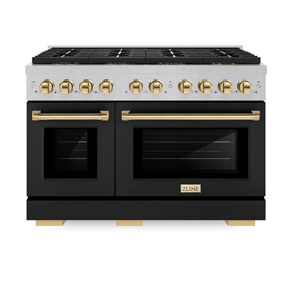 ZLINE Autograph Edition 48" 6.7 cu. ft. Paramount Gas Range with 8 Burner DuoPro™ Cooktop and Dual Ovens in Satin Stainless Steel and Polished Gold Accents, PSGRSZ-48-G