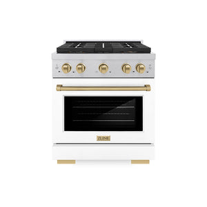 ZLINE Autograph Edition 30" 4.2 cu. ft. Paramount Gas Range with 4 Burner DuoPro™ Cooktop and Convection Gas Oven in Satin Stainless Steel with White Matte Door and Champagne Bronze Accents, PSGRSZ-WM-30-CB