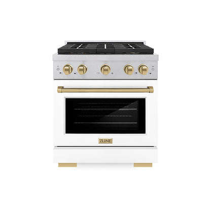 ZLINE Autograph Edition 30" 4.2 cu. ft. Paramount Gas Range with 4 Burner DuoPro™ Cooktop and Convection Gas Oven in Satin Stainless Steel with White Matte Door and Champagne Bronze Accents, PSGRSZ-WM-30-CB