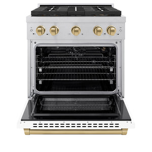 ZLINE Autograph Edition 30" 4.2 cu. ft. Paramount Gas Range with 4 Burner DuoPro™ Cooktop and Convection Gas Oven in Satin Stainless Steel with White Matte Door and Champagne Bronze Accents, PSGRSZ-WM-30-CB