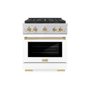ZLINE Autograph Edition 30" 4.2 cu. ft. Paramount Gas Range with 4 Burner DuoPro™ Cooktop and Convection Gas Oven in Satin Stainless Steel with White Matte Door and Polished Gold Accents, PSGRSZ-WM-30-G