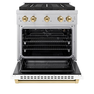 ZLINE Autograph Edition 30" 4.2 cu. ft. Paramount Gas Range with 4 Burner DuoPro™ Cooktop and Convection Gas Oven in Satin Stainless Steel with White Matte Door and Polished Gold Accents, PSGRSZ-WM-30-G