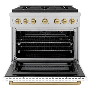 ZLINE Autograph Edition 36" 5.2 cu. ft. Paramount Gas Range with 6 Burner DuoPro™ Cooktop and Convection Gas Oven in Satin Stainless Steel with White Matte Door and Champagne Bronze Accents, PSGRSZ-WM-36-CB