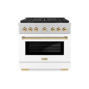 ZLINE Autograph Edition 36" 5.2 cu. ft. Paramount Gas Range with 6 Burner DuoPro™ Cooktop and Convection Gas Oven in Satin Stainless Steel with White Matte Door and Polished Gold Accents, PSGRSZ-WM-36-G
