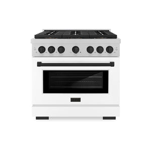 ZLINE Autograph Edition 36" 5.2 cu. ft. Paramount Gas Range with 6 Burner DuoPro™ Cooktop and Convection Gas Oven in Satin Stainless Steel with White Matte Door and Matte Black Accents, PSGRSZ-WM-36-MB