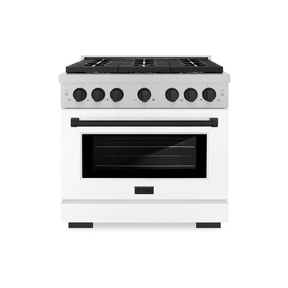ZLINE Autograph Edition 36" 5.2 cu. ft. Paramount Gas Range with 6 Burner DuoPro™ Cooktop and Convection Gas Oven in Satin Stainless Steel with White Matte Door and Matte Black Accents, PSGRSZ-WM-36-MB