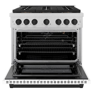 ZLINE Autograph Edition 36" 5.2 cu. ft. Paramount Gas Range with 6 Burner DuoPro™ Cooktop and Convection Gas Oven in Satin Stainless Steel with White Matte Door and Matte Black Accents, PSGRSZ-WM-36-MB