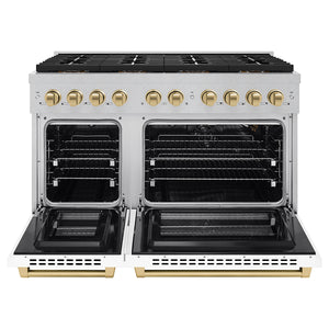 ZLINE Autograph Edition 48" 6.7 cu. ft. Paramount Gas Range with 8 Burner DuoPro™ Cooktop and Dual Ovens in Satin Stainless Steel with White Matte Doors and Champagne Bronze Accents, PSGRSZ-WM-48-CB