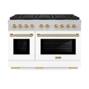 ZLINE Autograph Edition 48" 6.7 cu. ft. Paramount Gas Range with 8 Burner DuoPro™ Cooktop and Dual Ovens in Satin Stainless Steel with White Matte Doors and Champagne Bronze Accents, PSGRSZ-WM-48-CB