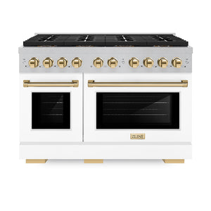 ZLINE Autograph Edition 48" 6.7 cu. ft. Paramount Gas Range with 8 Burner DuoPro™ Cooktop and Dual Ovens in Satin Stainless Steel with White Matte Doors and Polished Gold Accents, PSGRSZ-WM-48-G