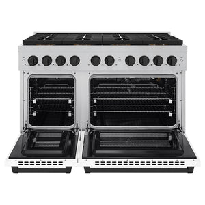 ZLINE Autograph Edition 48" 6.7 cu. ft. Paramount Gas Range with 8 Burner DuoPro™ Cooktop and Dual Ovens in Satin Stainless Steel with White Matte Doors and Matte Black Accents, PSGRSZ-WM-48-MB