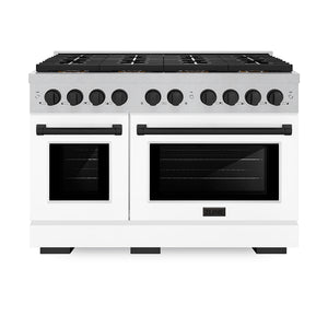 ZLINE Autograph Edition 48" 6.7 cu. ft. Paramount Gas Range with 8 Burner DuoPro™ Cooktop and Dual Ovens in Satin Stainless Steel with White Matte Doors and Matte Black Accents, PSGRSZ-WM-48-MB