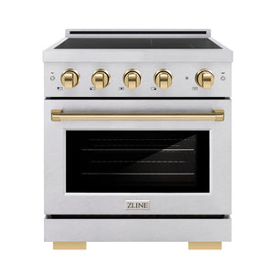 ZLINE Autograph 30" 4.2 cu. ft. Paramount Induction Range with 4 Element Cooktop and Electric Oven in Satin Stainless Steel with Polished Gold Accents, SINRSZ-30-G