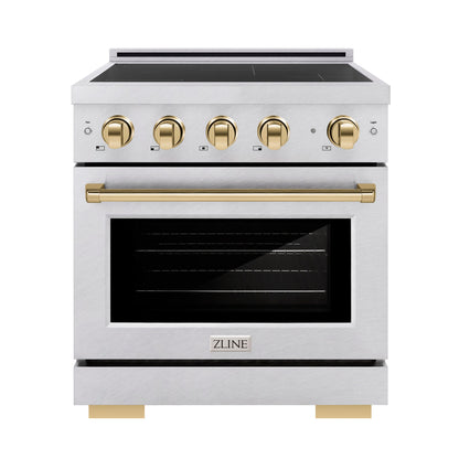 ZLINE Autograph 30" 4.2 cu. ft. Paramount Induction Range with 4 Element Cooktop and Electric Oven in Satin Stainless Steel with Polished Gold Accents, SINRSZ-30-G
