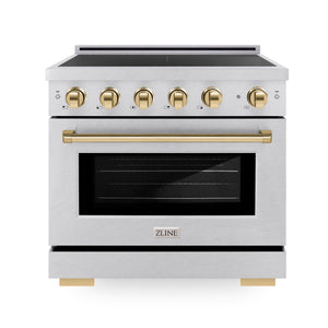 ZLINE 36" 5.2 cu. ft. Paramount Induction Range with 5 Element Cooktop and Electric Oven in Satin Stainless Steel with Polished Gold Accents, SINRSZ-36-G