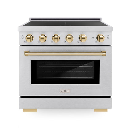 ZLINE 36" 5.2 cu. ft. Paramount Induction Range with 5 Element Cooktop and Electric Oven in Satin Stainless Steel with Polished Gold Accents, SINRSZ-36-G