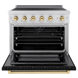 ZLINE Autograph Edition 36" 5.2 cu. ft. Paramount Induction Range with 5 Element Cooktop and Electric Convection Oven in Satin Stainless Steel with Black Matte Door and Polished Gold Accents, SINRSZ-BLM36-G