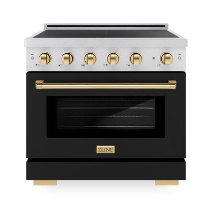ZLINE Autograph Edition 36" 5.2 cu. ft. Paramount Induction Range with 5 Element Cooktop and Electric Convection Oven in Satin Stainless Steel with Black Matte Door and Polished Gold Accents, SINRSZ-BLM36-G