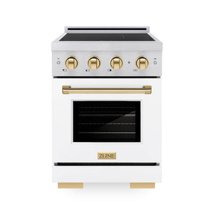 ZLINE Autograph Edition 24" 3.2 cu. ft. Paramount Induction Range with 3 Element Cooktop and Electric Convection Oven in Satin Stainless Steel with White Matte Door and Polished Gold Accents, SINRSZ-WM-24-G