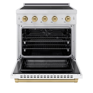 ZLINE Autograph Edition 30" 4.2 cu. ft. Paramount Induction Range with 4 Element Cooktop and Electric Convection Oven in Satin Stainless Steel with White Matte Door and Champagne Bronze Accents, SINRSZ-WM-30-CB