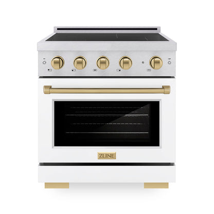 ZLINE Autograph Edition 30" 4.2 cu. ft. Paramount Induction Range with 4 Element Cooktop and Electric Convection Oven in Satin Stainless Steel with White Matte Door and Champagne Bronze Accents, SINRSZ-WM-30-CB